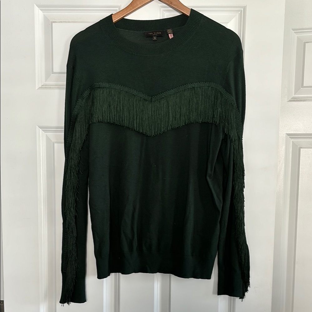Ted Baker London Aniebal Dark Green Fringe Sweater Crew Neck Size 3 (6-8 US) - Picture 2 of 14